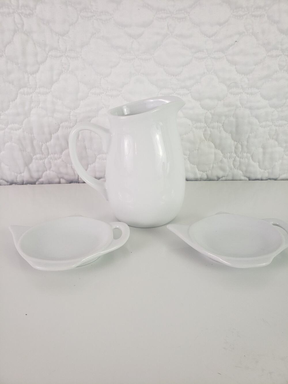Fitz & Floyd Everyday White Pitcher Creamer & Teabag Holder Porcelain 3 Pieces